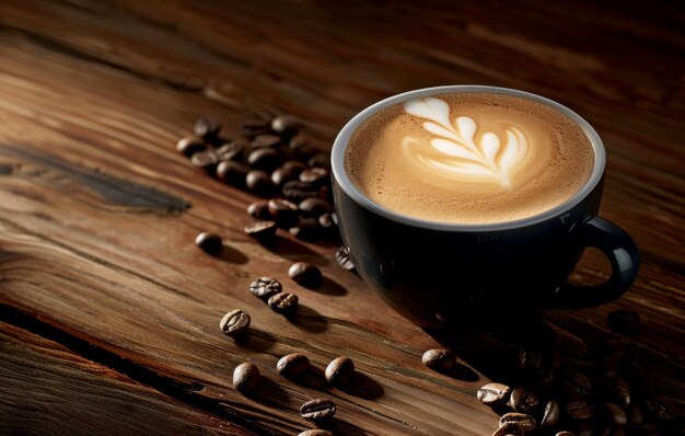 Une tasse chaude de café latte sur une surface en bois entourée de grains de café éparpillés évoquant une atmosphère aromatique confortable