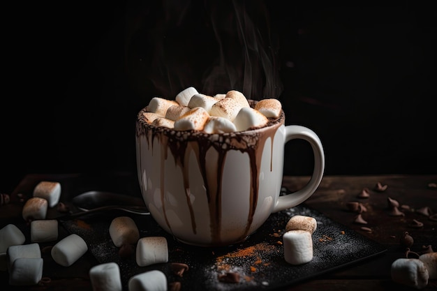 Tasse chaude de chocolat chaud avec des guimauves fondant dans le liquide chaud