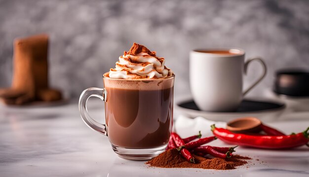 une tasse de chocolat chaud au piment mexicain sur une table en marbre