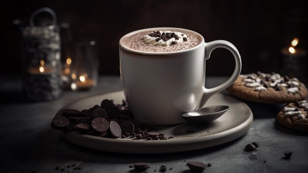 Une tasse de chocolat chaud avec un biscuit au chocolat sur le côté.