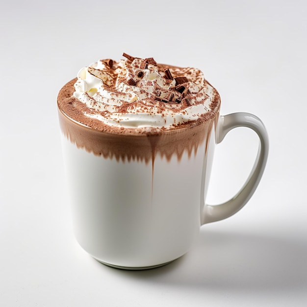 Une tasse de chocolat chaud blanc avec de la crème fouettée et du chocolat sur le dessus.