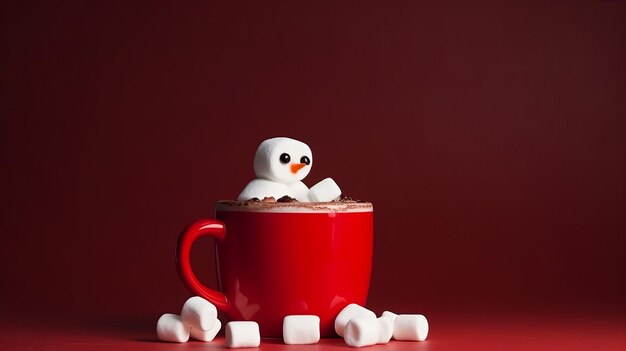 Tasse de chocolat chaud avec bonhomme de neige de guimauves fondues Illustration AI Generative