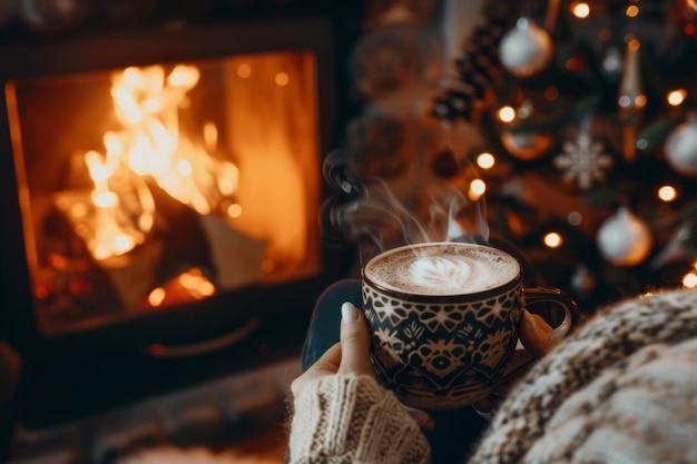 Une tasse de chocolat chaud ou de café près du foyer de Noël Une femme se détend près du feu chaud avec une tasse