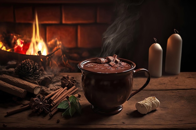 Une tasse de chocolat chaud à la cannelle est sur la table devant la cheminée allumée Ambiance de Noël Confort à la maison Illustration 3d
