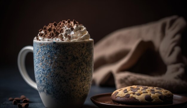 Une tasse de chocolat chaud avec un cookie à côté