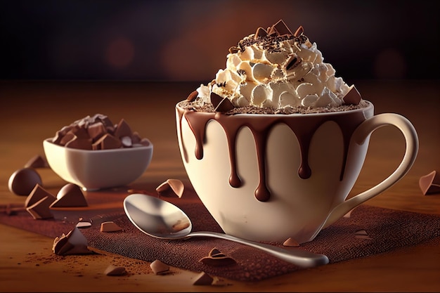 Tasse de chocolat chaud avec de la crème fouettée et des bonbons au chocolat sur une table en bois.