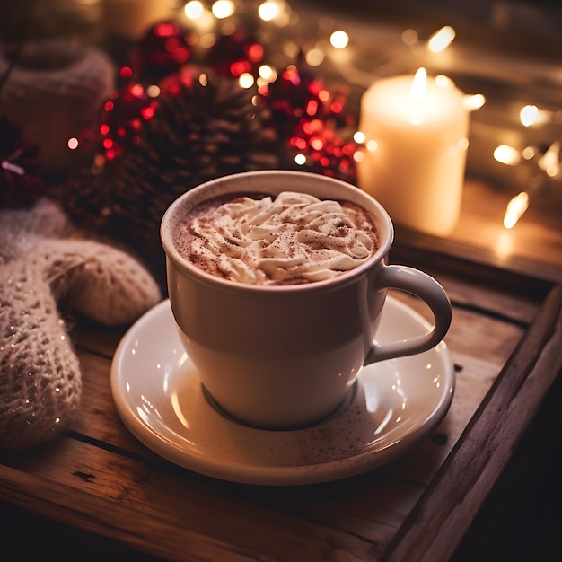 Photo une tasse de chocolat chaud avec de la crème fouettée et une bougie