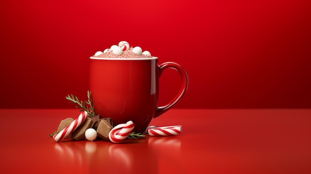 Une tasse de chocolat chaud avec de la crème fouettée et des cannes de bonbon