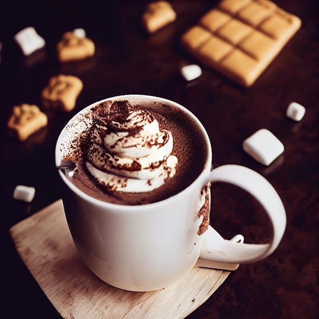 Une tasse de chocolat chaud avec de la crème fouettée et du chocolat sur le dessus.