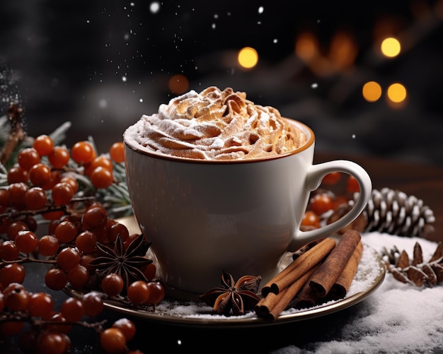 Une tasse de chocolat chaud avec de la crème pour les vacances d'hiver.