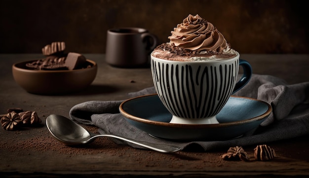 Une tasse de chocolat chaud avec du chocolat sur une assiette avec une cuillère à côté.