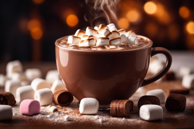 une tasse de chocolat chaud avec un fond flou marshmallow