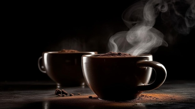 Une tasse de chocolat chaud avec un fond sombre.