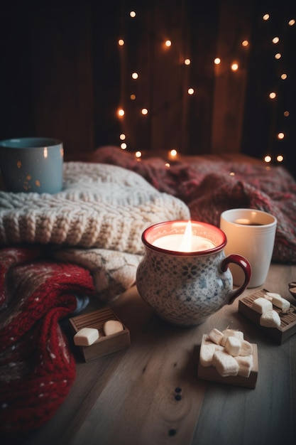 Une tasse de chocolat chaud et des guimauves sur une table Image AI générative