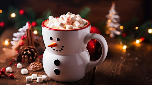 Une tasse de chocolat chaud de Noël avec des guimauves en forme de petit bonhomme de neige