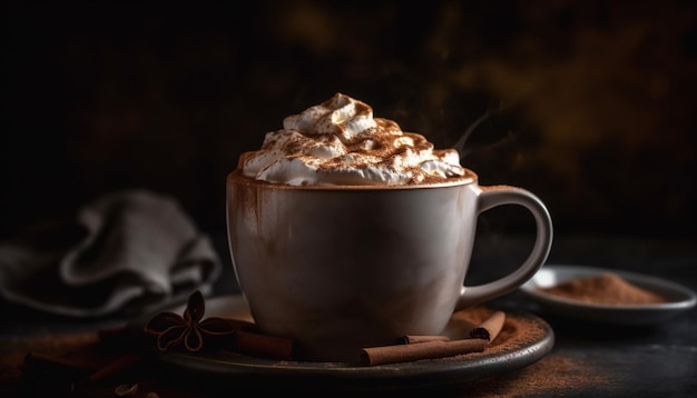 Une tasse de chocolat chaud sur une table en bois rustique avec une garniture de marshmallow générée par l'intelligence artificielle