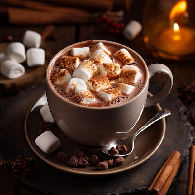 Une tasse de chocolat chaud à la vapeur avec des marshmallows, de la crème fouettée et un peu de cannelle sur le dessus.