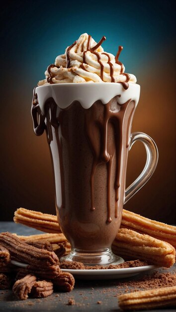 une tasse de chocolat avec des churros qui coulent avec un pic de crème fouettée