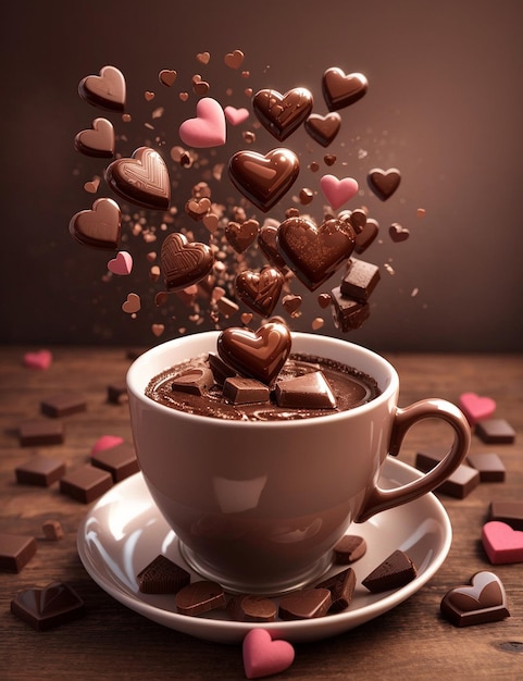 Une tasse de chocolat avec des cœurs de chocolat flottants dans l'air