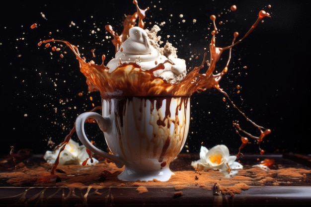 Une tasse de chocolat et de crème fouettée est versée dans une tasse.