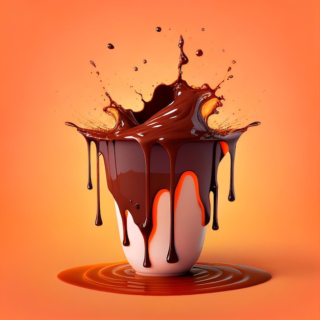 Une tasse de chocolat et une éclaboussure de chocolat se trouvent sur un fond orange.