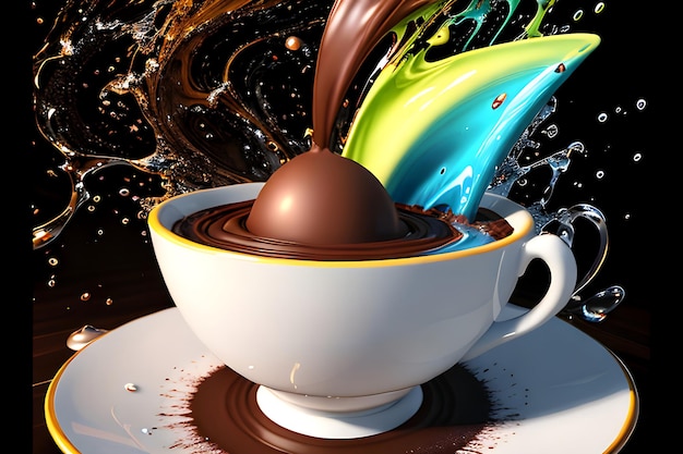 Une tasse de chocolat est recouverte d'un liquide de différentes couleurs.
