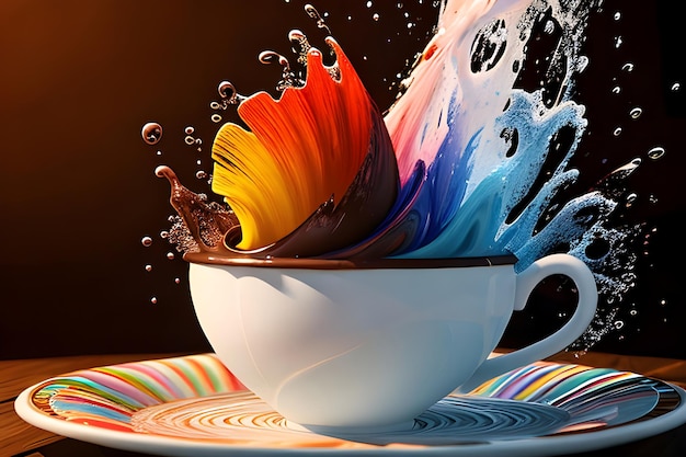 Une tasse de chocolat est recouverte d'un liquide de différentes couleurs.