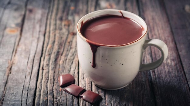 Une tasse de chocolat avec des gouttes sur une table en bois