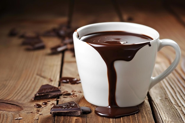 Une tasse de chocolat avec des gouttes sur une table en bois