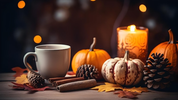 Tasse de citrouilles de bougies de thé aromatiques et de feuilles d'automne sur une table en bois