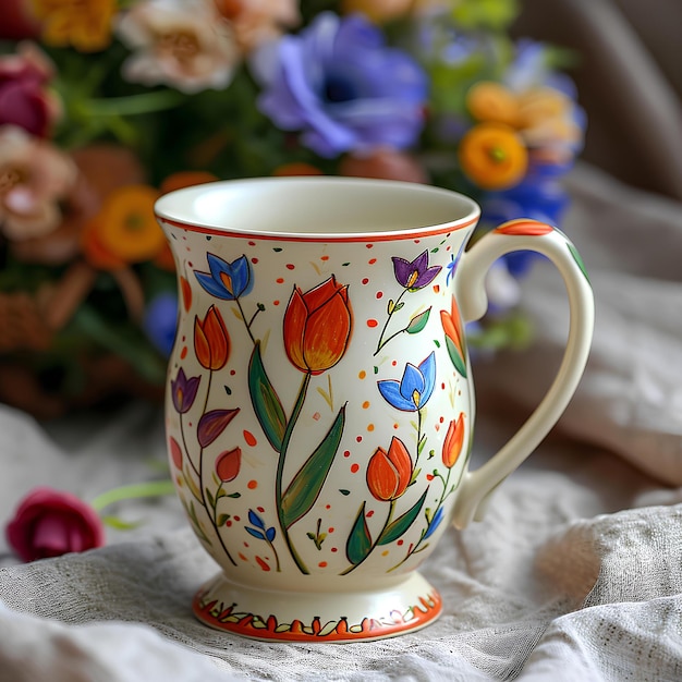 Une tasse colorée dans une table avec des fleurs en arrière-plan