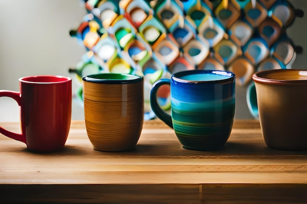 une tasse colorée avec une poignée est posée sur une table.