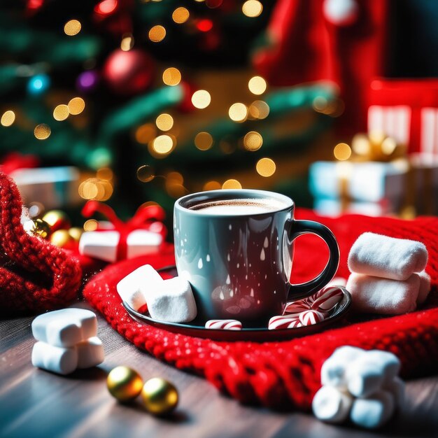 Photo une tasse confortable de café chaud avec des marshmallows avec des bonbons sur une couverture tricotée rouge