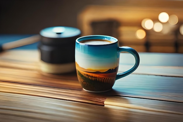 Une tasse avec le coucher du soleil dessus