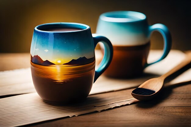 une tasse avec un coucher de soleil et une cuillère à côté