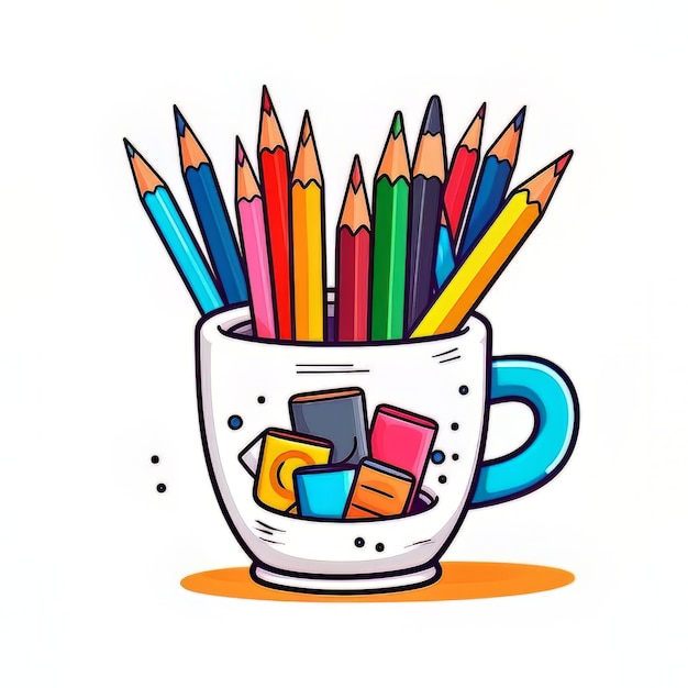 Une tasse de crayons est remplie de crayons colorés.