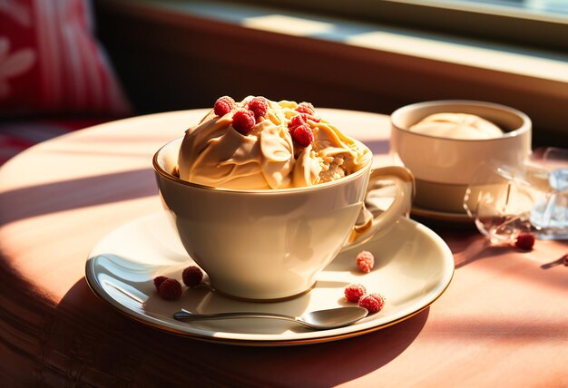 Une tasse de crème glacée assise à côté d'une cuillère