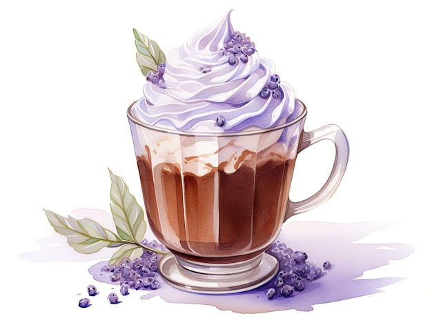 une tasse de crème glacée au chocolat avec des baies violettes dessus