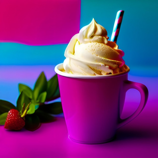 Une tasse de crème glacée rose avec une paille rayée et une paille.
