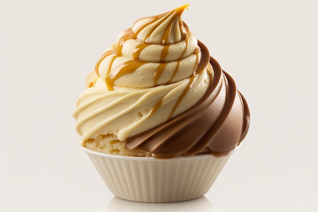 Une tasse de crème glacée à la vanille avec du caramel isolé sur des images d'illustration de fond blanc