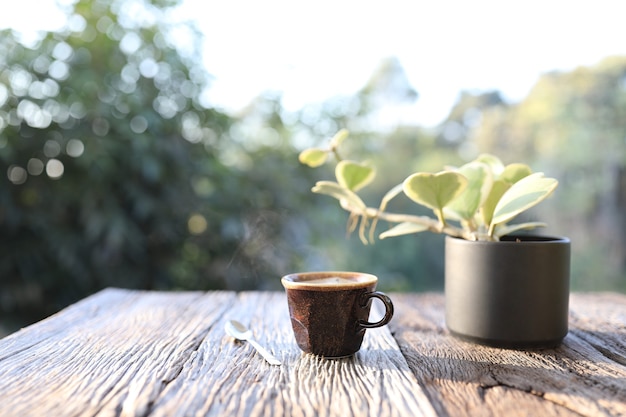 Tasse et cuillère à café brunes en argile avec plante hoya