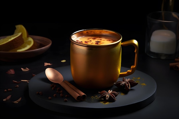 Une tasse en cuivre avec une cuillère et un citron dessus