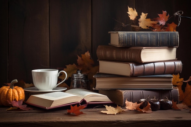 Une tasse de délicieux livres de café chaud et des feuilles d'automne sur un fond en bois