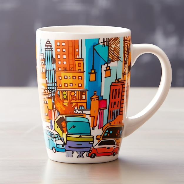Une tasse avec un doodle dessiné à la main à New York ou un motif d'été dessus Maquette de tasse et doodle dessiné à la main