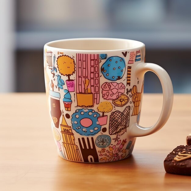 Une tasse avec un doodle dessiné à la main à New York ou un motif d'été dessus Maquette de tasse et doodle dessiné à la main