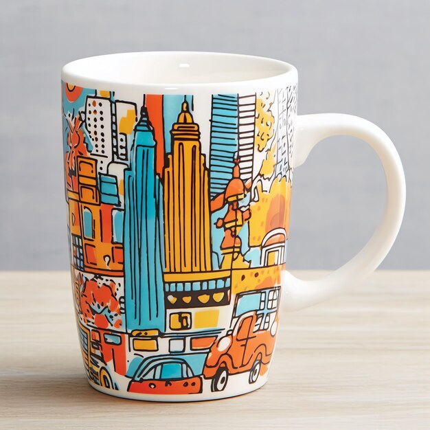 Une tasse avec un doodle dessiné à la main à New York ou un motif d'été dessus Maquette de tasse et doodle dessiné à la main