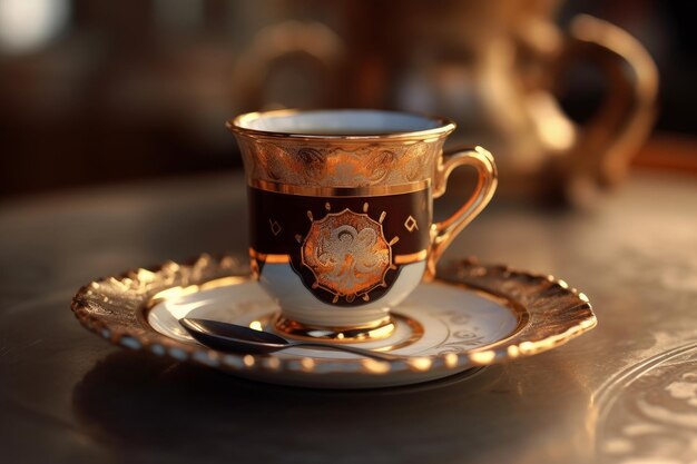 Une tasse dorée et blanche avec un bord doré et une assiette en argent avec une cuillère en argent dessus.