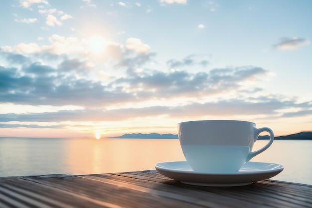 Une tasse avec du café sur une table sur une île tropicale sur fond de vagues océaniques Generative AI