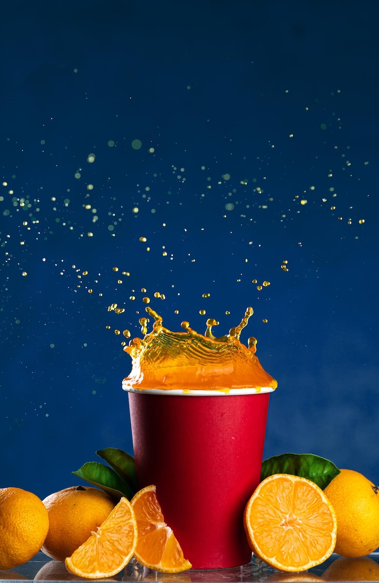 Photo une tasse avec du jus d'orange éclaboussant et des morceaux de mandarines