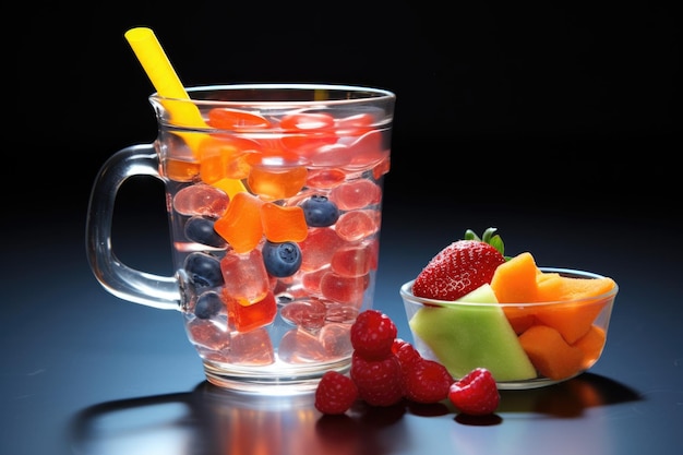 Une tasse d'eau à côté de collations aux fruits